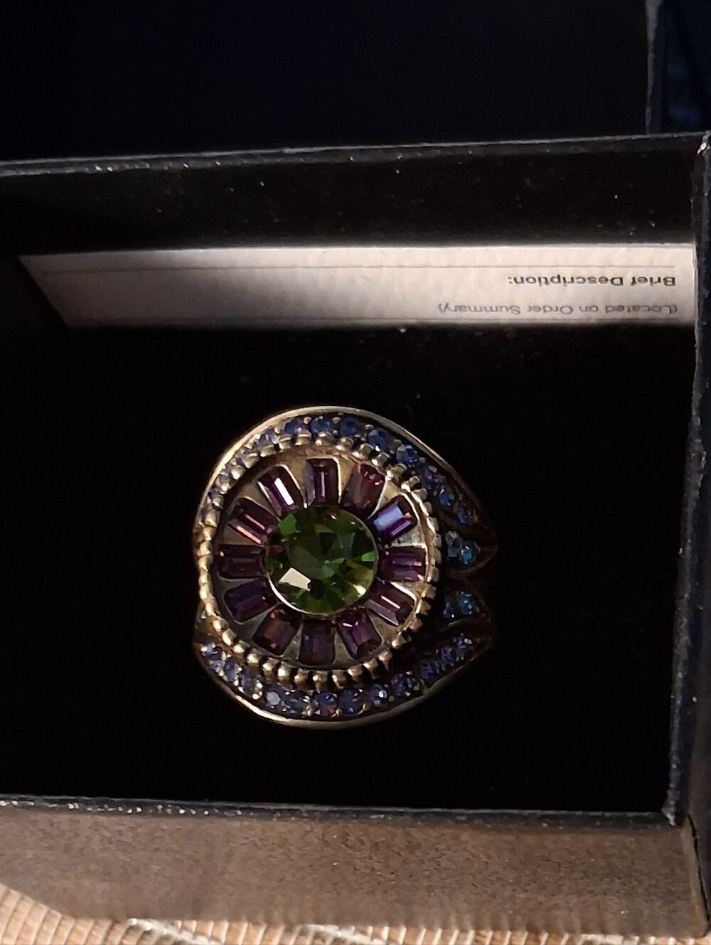 Vintage-Style Heidi Daus Statement Ring Gold Tone Green, Purple Crystals Sz 7-8
